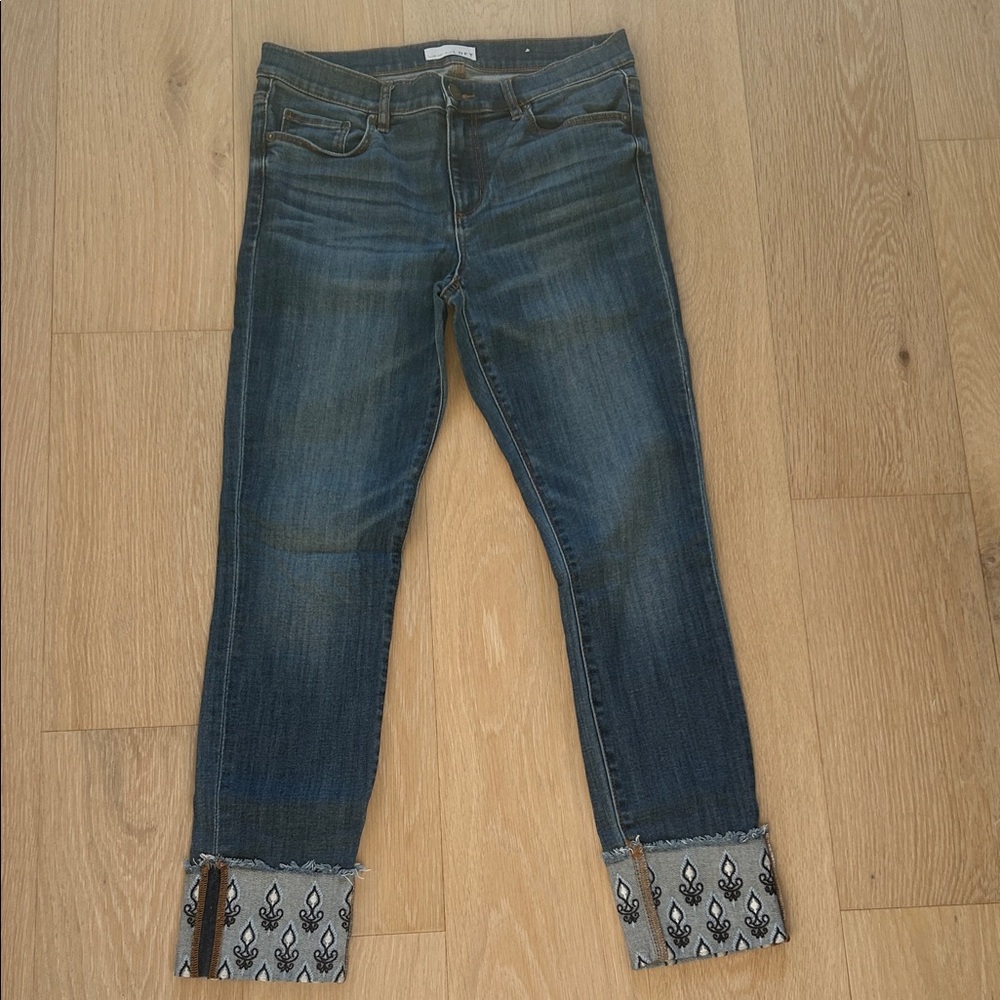 LOFT Dark Blue Cropped Jeans with Patterned Cuffs